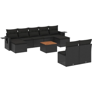 vidaXL Salon de jardin 10 pcs avec coussins noir résine tressée pas cher