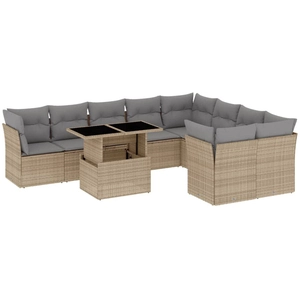 vidaXL Salon de jardin avec coussins 10 pcs beige résine tressée pas cher