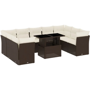 vidaXL Salon de jardin 10 pcs avec coussins marron résine tressée pas cher