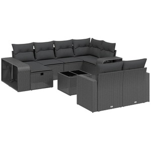 vidaXL Salon de jardin 10 pcs avec coussins noir résine tressée pas cher