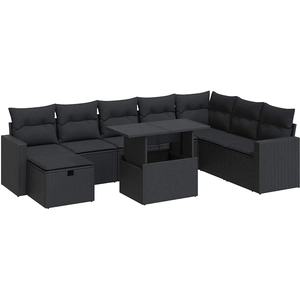 vidaXL Salon de jardin 9 pcs avec coussins noir résine tressée pas cher