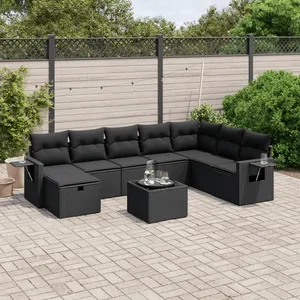 vidaXL Salon de jardin 9 pcs avec coussins noir résine tressée pas cher
