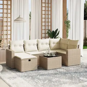 vidaXL Salon de jardin avec coussins 7 pcs beige résine tressée pas cher