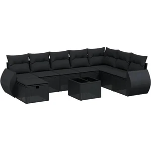 vidaXL Salon de jardin 9 pcs avec coussins noir résine tressée pas cher