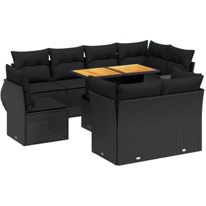 vidaXL Salon de jardin 9 pcs avec coussins noir résine tressée pas cher