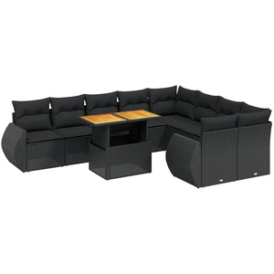 vidaXL Salon de jardin 10 pcs avec coussins noir résine tressée pas cher