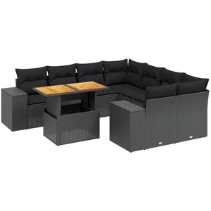 vidaXL Salon de jardin 9 pcs avec coussins noir résine tressée pas cher