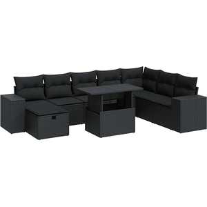 vidaXL Salon de jardin 9 pcs avec coussins noir résine tressée pas cher