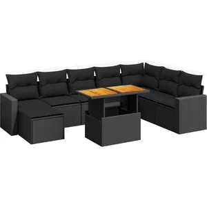 vidaXL Salon de jardin 9 pcs avec coussins noir résine tressée pas cher