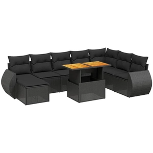 vidaXL Salon de jardin 9 pcs avec coussins noir résine tressée pas cher