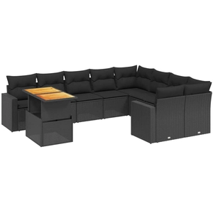 vidaXL Salon de jardin 10 pcs avec coussins noir résine tressée pas cher
