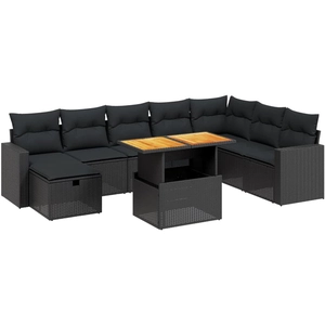 vidaXL Salon de jardin 9 pcs avec coussins noir résine tressée pas cher