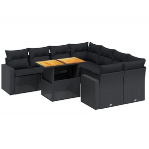 vidaXL Salon de jardin 9 pcs avec coussins noir résine tressée pas cher