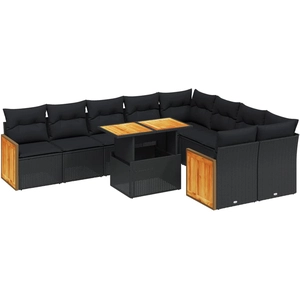 vidaXL Salon de jardin 10 pcs avec coussins noir résine tressée pas cher
