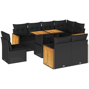 vidaXL Salon de jardin 9 pcs avec coussins noir résine tressée pas cher