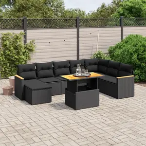 vidaXL Salon de jardin 9 pcs avec coussins noir résine tressée pas cher