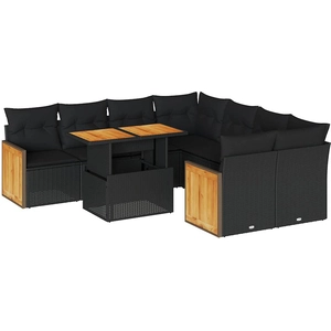 vidaXL Salon de jardin 9 pcs avec coussins noir résine tressée pas cher