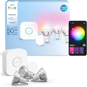 Kit de démarrage Philips Hue Essential Bridge + 3 ampoules GU10 connectées + Smart Button pas cher