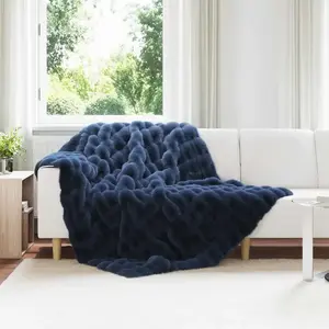 vidaXL vidaXL Couverture en Fourrure de Lapin Synthétique Bleu Marine pas cher