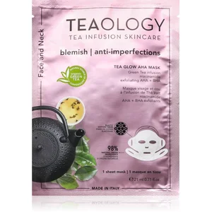 Teaology Tea Glow AHA Mask   Purifying & Exfoliating Gezichts  En Hals Sheet Mask - Met Groene Thee Infusie, AHA & BHA, Niacinamide & Hyaluronzuur - Poriën Reinigen, Dode Cellen Verwijderen & Huid Glow - 98% Natuurlijke Ingrediënten   21 ml