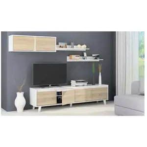 Dmora - Paroi aménagée Orlando, Meuble télé pour le salon, Composition salon avec meuble et étagère, 200x50h41 cm, Blanc et Chêne pas cher