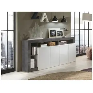 VENTE-UNIQUE Buffet SEFRO - 4 portes et 4 niches - Blanc laqué et béton pas cher