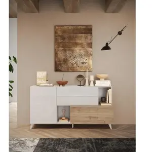 VENTE-UNIQUE Buffet - MONTECARLO - 2 portes - 2 tiroirs - Blanc laqué / Chêne Cadiz - 181 x 43 x 94 cm pas cher