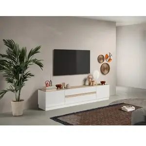 Calicosy - Meuble tv fantasy Blanc laqué/chêne Cadiz 205 cm pas cher