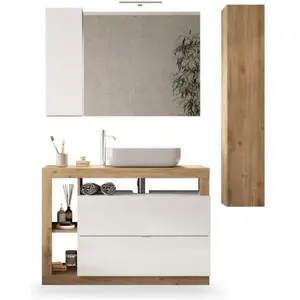 Comparateur de prix : Hamburg L110 badkamer meubelset - bassin + 2 laden + 3 niches + kolom - lichte eiken kleuren en wit gelakt wit wit
