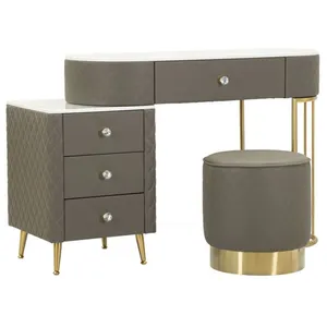 Coiffeuse effet matelassé avec tabouret Sharon gris et doré pas cher