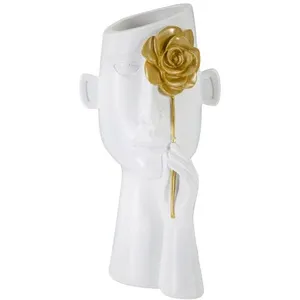 Vase visage en résine blanc et doré 14x13x27 cm