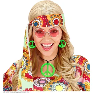 Widmann 53282 - Parure de bijoux hippie, collier et boucles d'oreilles vertes, Flower Power, Peace, Fille à thème, Carnaval pas cher
