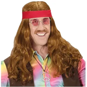 WIDMANN « HIPPIE WIG WITH RED HEADBAND & MOUSTACHE » dans un sac en plastique pas cher