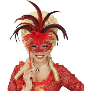 Comparateur de prix : Vegaoo "Masker op stok met grote rode veren voor volwassenen - Verkleedmasker - One size"