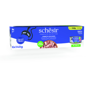 Schesir, Nourriture humide pour chats adultes, saveur bacoreta avec filets de boeuf, préparée en gélatine molle, total 0,84 kg (6 boîtes x 140 g) pas cher