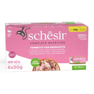6x50g Thon avec jambon Schesir Complete Nutrition en gelée nourriture humide pour chat pas cher