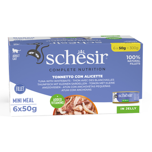 6x50g Thon avec des blanchailles Schesir Complete Nutrition en gelée nourriture humide pour chat pas cher