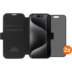 BlueBuilt Apple iPhone 16 Pro Book Case Cuir Noir + BlueBuilt Protège-écran de Confidentialité Verre Lot de 2 pas cher