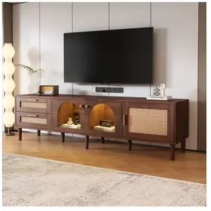 MODFU Meuble TV marron 180x40x50 cm avec 2 tiroirs en rotin, 2 portes ... pas cher