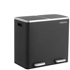 SONGMICS Poubelle de recyclage, double seau, 2 x 24L, 2 compartiments, mécanisme tampon, pédales, couvercle, acier, intérieur en plastique, poignée de transport, Noir LTB48BK, 65 x 62.5 x 42 cmVendu parbol
