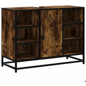 VIDAXL Bonne qualité - Armoire de rangement Armoire lavabo de salle de bain et WC - BONNIE - chêne fumé - Bois d'ingénierie DECO M4551137 pas cher