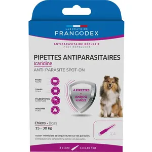 4 Pipettes Antiparasitaires Icaridine pour chien de 15-30 kg - Francodex 3 Transparent pas cher