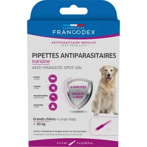 4 Pipettes Antiparasitaires Icaridine pour chien plus de 30 kg - Francodex Transparent pas cher