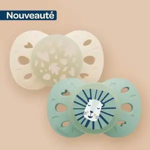 Biolane 2 Sucettes collection nuit 0-6 mois Vert et Beige Base extra-fine et téterelle réversible pas cher