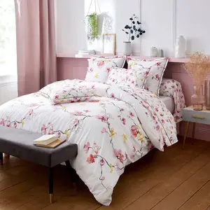 Taie d'oreiller - TRADILINGE - Fleurs et Oiseaux - Rose Clair - 50x70 cm - Percale de Coton pas cher