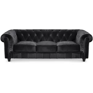 MENZZO Grand canapé 3 places Chesterfield Velours Noir pas cher