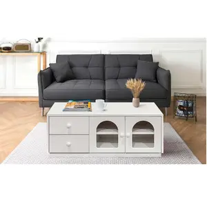 MENZZO Table basse 60x100cm avec portes et tiroirs style naturel chic Volos Blanc texturé pas cher
