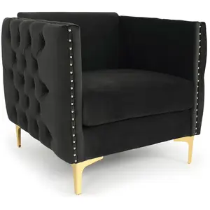 Fauteuil capitonné en velours noir - MENZZO - Joshua - Confortable - Élégance - Chic pas cher