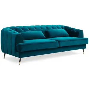 MENZZO Canapé capitonné 3 places style boudoir Glams Velours Bleu canard pas cher