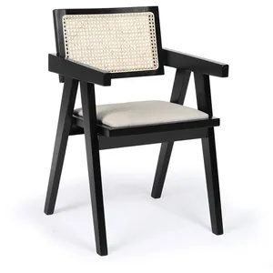 MENZZO Chaise design avec accoudoirs et cannage rotin Hiro Bois foncé et Tissu Beige - Chaises Salle À Manger pas cher